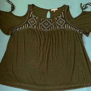 FOURTEENTH PLACE embroidered olive green flutter short tie sleeve tunic size 2XL